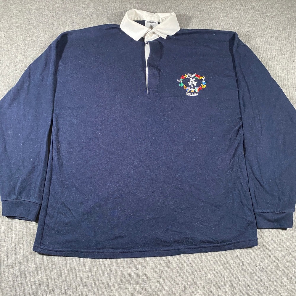 Vintage Rugby Ireland Long Sleeve Shirt Mens XXL Navy‎ Blue Embroidered Crest